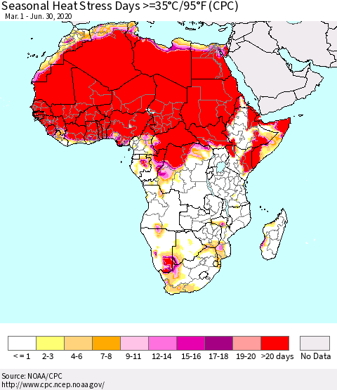 Africa Seasonal Heat Stress Days >=35°C/95°F (CPC) Thematic Map For 3/1/2020 - 6/30/2020