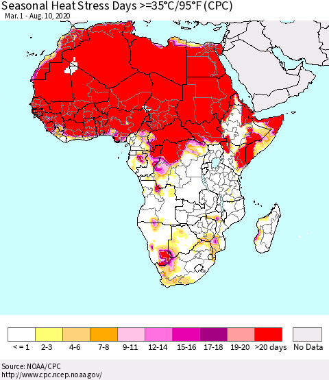 Africa Seasonal Heat Stress Days >=35°C/95°F (CPC) Thematic Map For 3/1/2020 - 8/10/2020