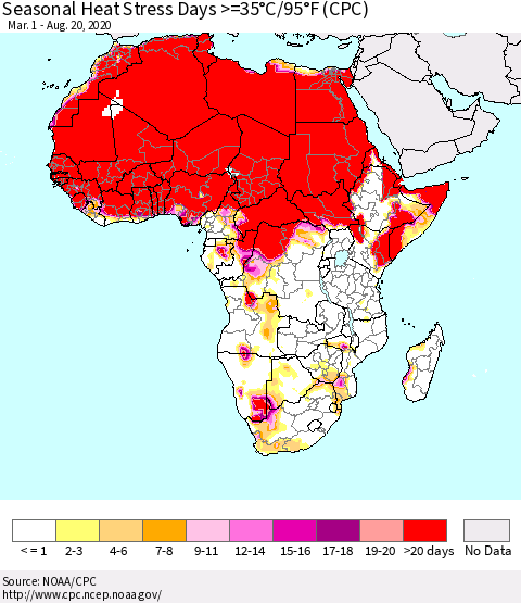 Africa Seasonal Heat Stress Days >=35°C/95°F (CPC) Thematic Map For 3/1/2020 - 8/20/2020