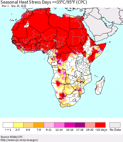 Africa Seasonal Heat Stress Days >=35°C/95°F (CPC) Thematic Map For 3/1/2020 - 9/20/2020