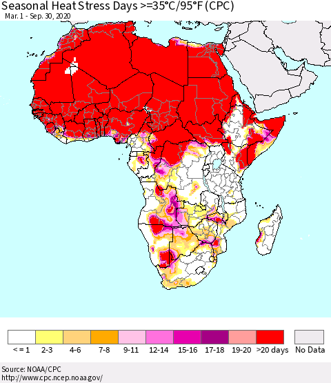 Africa Seasonal Heat Stress Days >=35°C/95°F (CPC) Thematic Map For 3/1/2020 - 9/30/2020