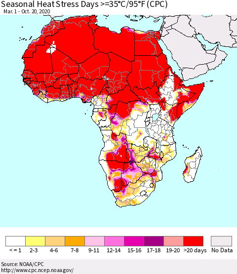 Africa Seasonal Heat Stress Days >=35°C/95°F (CPC) Thematic Map For 3/1/2020 - 10/20/2020