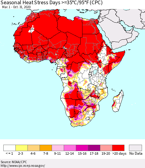 Africa Seasonal Heat Stress Days >=35°C/95°F (CPC) Thematic Map For 3/1/2020 - 10/31/2020