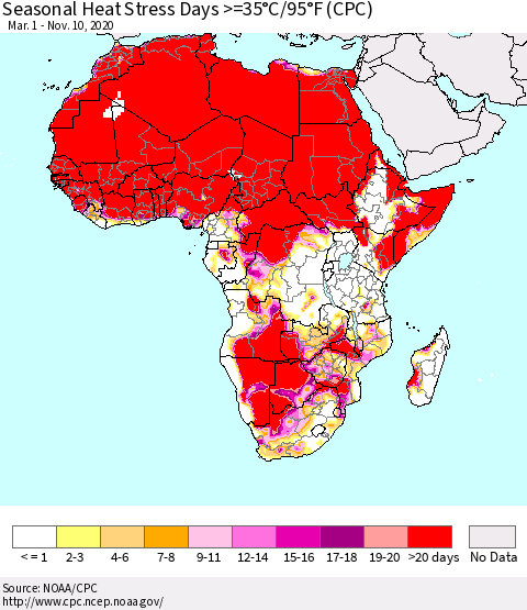 Africa Seasonal Heat Stress Days >=35°C/95°F (CPC) Thematic Map For 3/1/2020 - 11/10/2020