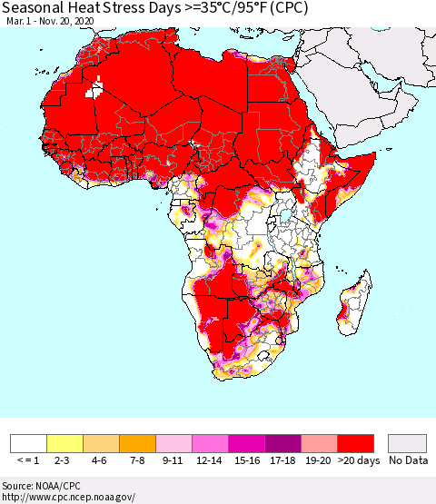 Africa Seasonal Heat Stress Days >=35°C/95°F (CPC) Thematic Map For 3/1/2020 - 11/20/2020