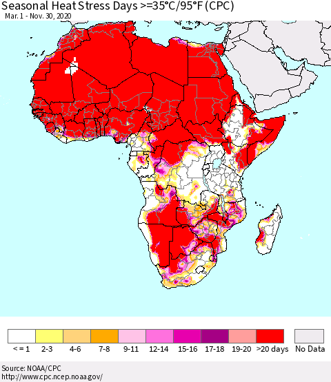 Africa Seasonal Heat Stress Days >=35°C/95°F (CPC) Thematic Map For 3/1/2020 - 11/30/2020