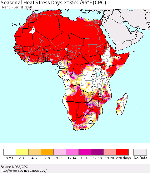 Africa Seasonal Heat Stress Days >=35°C/95°F (CPC) Thematic Map For 3/1/2020 - 12/31/2020