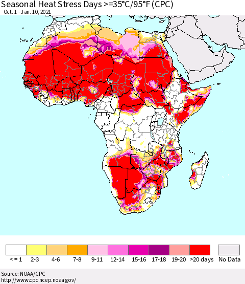 Africa Seasonal Heat Stress Days >=35°C/95°F (CPC) Thematic Map For 10/1/2020 - 1/10/2021