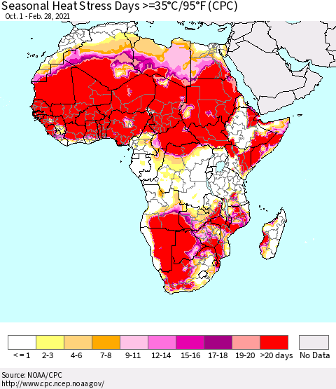 Africa Seasonal Heat Stress Days >=35°C/95°F (CPC) Thematic Map For 10/1/2020 - 2/28/2021