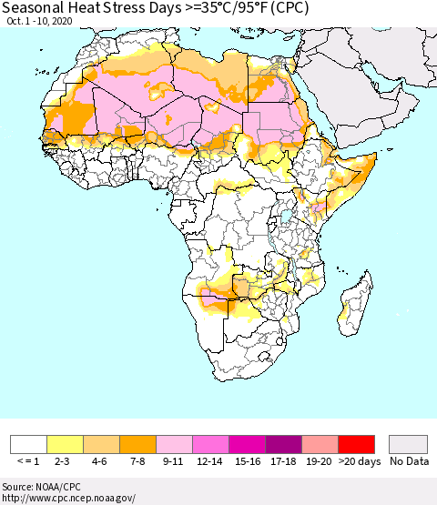 Africa Seasonal Heat Stress Days >=35°C/95°F (CPC) Thematic Map For 10/1/2020 - 10/10/2020