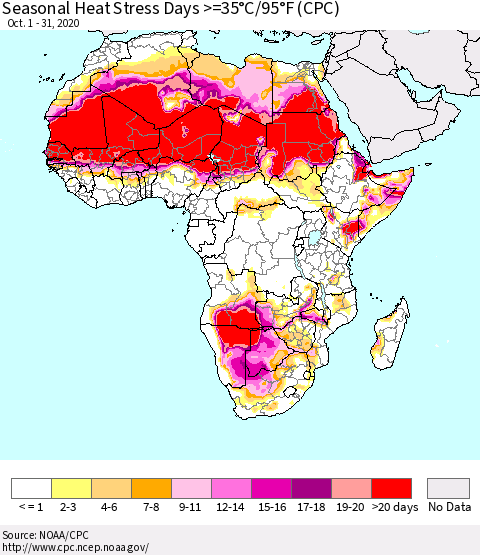 Africa Seasonal Heat Stress Days >=35°C/95°F (CPC) Thematic Map For 10/1/2020 - 10/31/2020