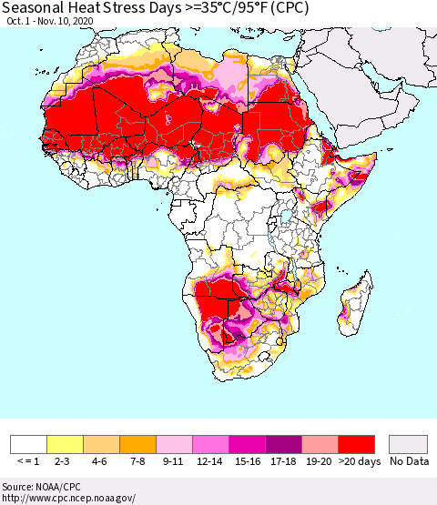 Africa Seasonal Heat Stress Days >=35°C/95°F (CPC) Thematic Map For 10/1/2020 - 11/10/2020