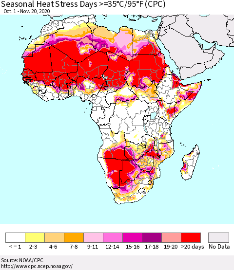 Africa Seasonal Heat Stress Days >=35°C/95°F (CPC) Thematic Map For 10/1/2020 - 11/20/2020