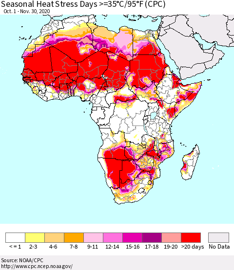 Africa Seasonal Heat Stress Days >=35°C/95°F (CPC) Thematic Map For 10/1/2020 - 11/30/2020