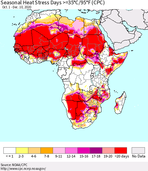 Africa Seasonal Heat Stress Days >=35°C/95°F (CPC) Thematic Map For 10/1/2020 - 12/10/2020