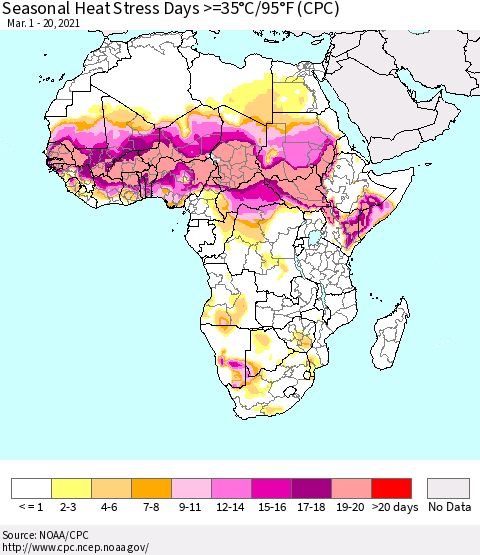 Africa Seasonal Heat Stress Days >=35°C/95°F (CPC) Thematic Map For 3/1/2021 - 3/20/2021