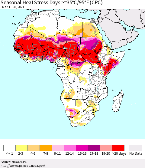 Africa Seasonal Heat Stress Days >=35°C/95°F (CPC) Thematic Map For 3/1/2021 - 3/31/2021