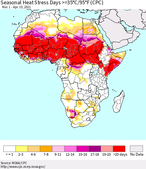 Africa Seasonal Heat Stress Days >=35°C/95°F (CPC) Thematic Map For 3/1/2021 - 4/10/2021