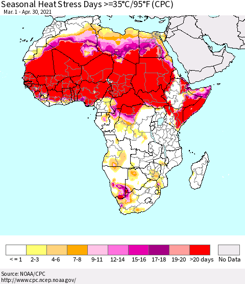 Africa Seasonal Heat Stress Days >=35°C/95°F (CPC) Thematic Map For 3/1/2021 - 4/30/2021