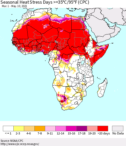Africa Seasonal Heat Stress Days >=35°C/95°F (CPC) Thematic Map For 3/1/2021 - 5/10/2021