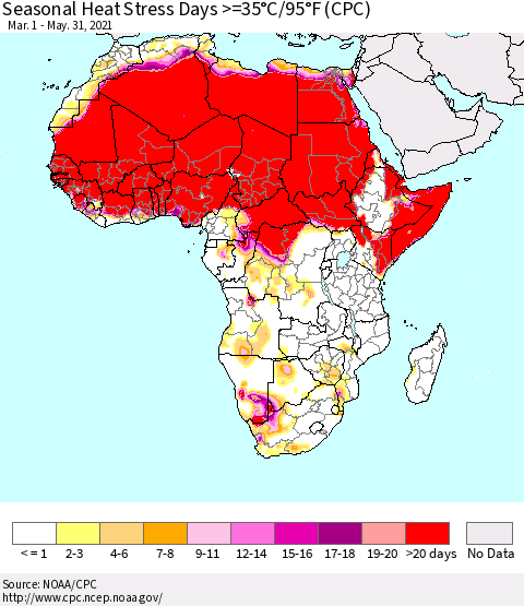 Africa Seasonal Heat Stress Days >=35°C/95°F (CPC) Thematic Map For 3/1/2021 - 5/31/2021