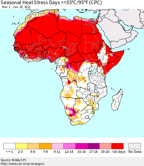 Africa Seasonal Heat Stress Days >=35°C/95°F (CPC) Thematic Map For 3/1/2021 - 6/20/2021