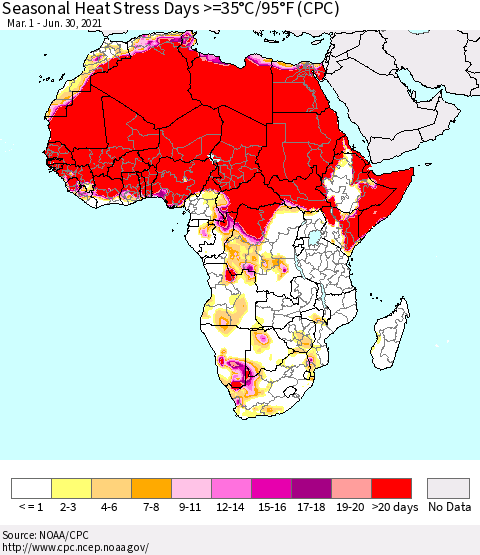 Africa Seasonal Heat Stress Days >=35°C/95°F (CPC) Thematic Map For 3/1/2021 - 6/30/2021
