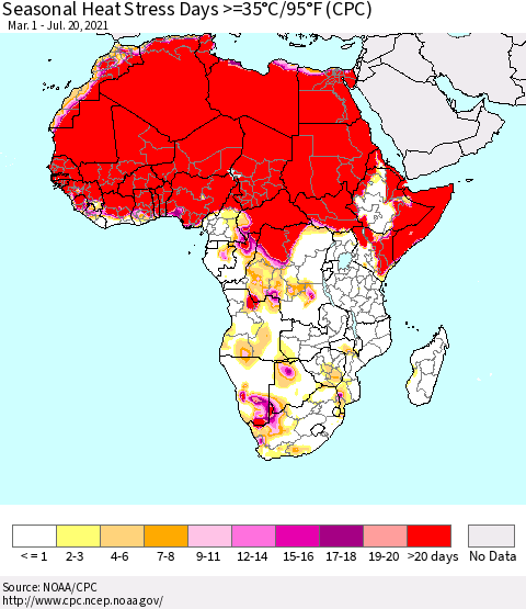 Africa Seasonal Heat Stress Days >=35°C/95°F (CPC) Thematic Map For 3/1/2021 - 7/20/2021