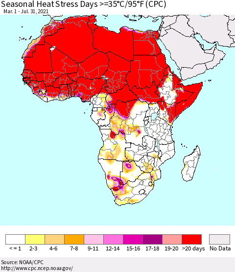 Africa Seasonal Heat Stress Days >=35°C/95°F (CPC) Thematic Map For 3/1/2021 - 7/31/2021