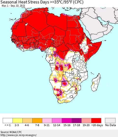 Africa Seasonal Heat Stress Days >=35°C/95°F (CPC) Thematic Map For 3/1/2021 - 9/10/2021