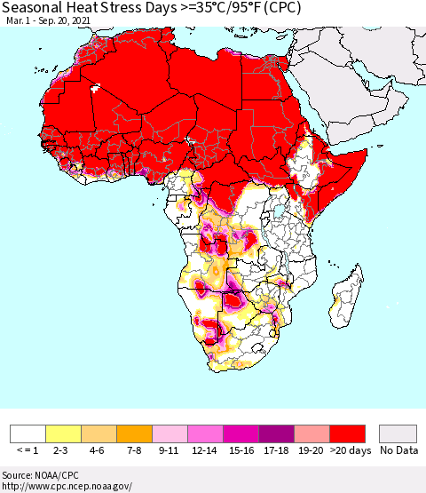 Africa Seasonal Heat Stress Days >=35°C/95°F (CPC) Thematic Map For 3/1/2021 - 9/20/2021