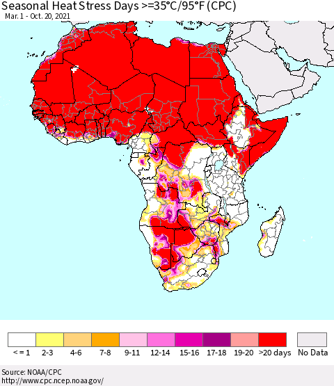Africa Seasonal Heat Stress Days >=35°C/95°F (CPC) Thematic Map For 3/1/2021 - 10/20/2021