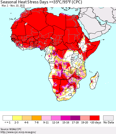 Africa Seasonal Heat Stress Days >=35°C/95°F (CPC) Thematic Map For 3/1/2021 - 11/10/2021