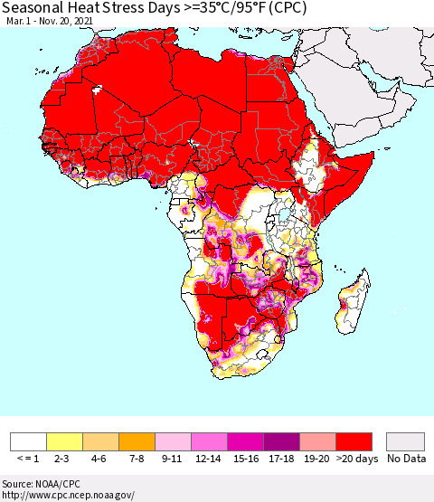 Africa Seasonal Heat Stress Days >=35°C/95°F (CPC) Thematic Map For 3/1/2021 - 11/20/2021