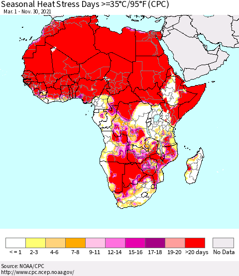 Africa Seasonal Heat Stress Days >=35°C/95°F (CPC) Thematic Map For 3/1/2021 - 11/30/2021