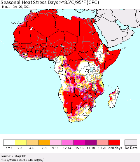 Africa Seasonal Heat Stress Days >=35°C/95°F (CPC) Thematic Map For 3/1/2021 - 12/20/2021