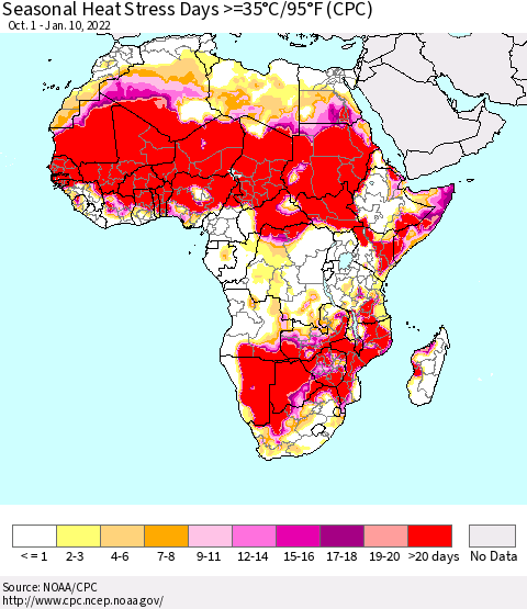 Africa Seasonal Heat Stress Days >=35°C/95°F (CPC) Thematic Map For 10/1/2021 - 1/10/2022