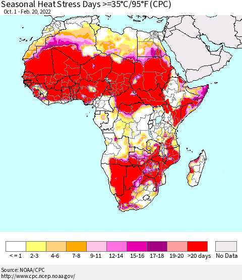 Africa Seasonal Heat Stress Days >=35°C/95°F (CPC) Thematic Map For 10/1/2021 - 2/20/2022