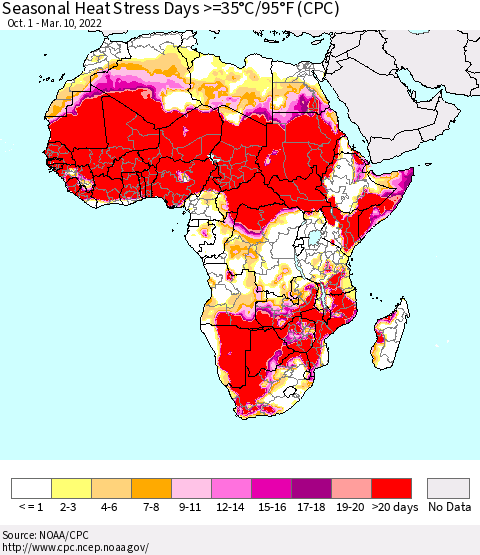 Africa Seasonal Heat Stress Days >=35°C/95°F (CPC) Thematic Map For 10/1/2021 - 3/10/2022