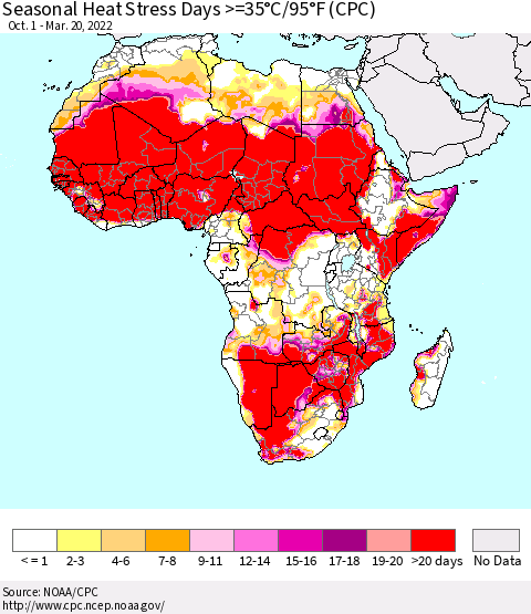 Africa Seasonal Heat Stress Days >=35°C/95°F (CPC) Thematic Map For 10/1/2021 - 3/20/2022