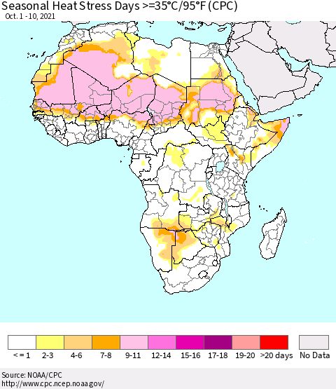 Africa Seasonal Heat Stress Days >=35°C/95°F (CPC) Thematic Map For 10/1/2021 - 10/10/2021