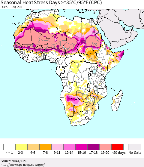 Africa Seasonal Heat Stress Days >=35°C/95°F (CPC) Thematic Map For 10/1/2021 - 10/20/2021