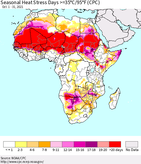 Africa Seasonal Heat Stress Days >=35°C/95°F (CPC) Thematic Map For 10/1/2021 - 10/31/2021