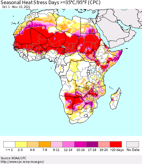 Africa Seasonal Heat Stress Days >=35°C/95°F (CPC) Thematic Map For 10/1/2021 - 11/10/2021