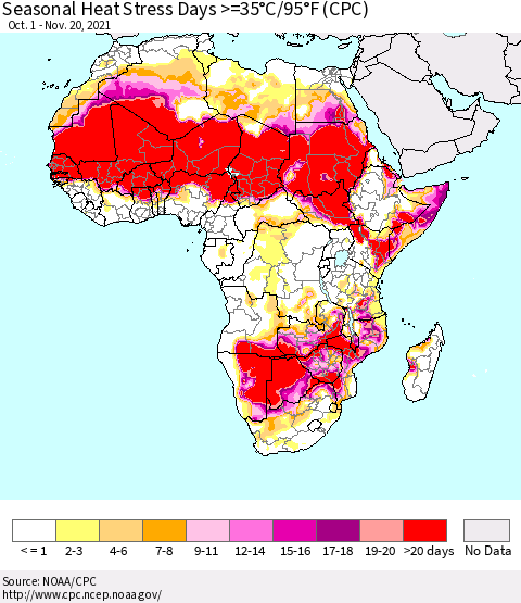Africa Seasonal Heat Stress Days >=35°C/95°F (CPC) Thematic Map For 10/1/2021 - 11/20/2021