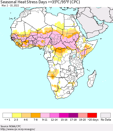 Africa Seasonal Heat Stress Days >=35°C/95°F (CPC) Thematic Map For 3/1/2022 - 3/10/2022
