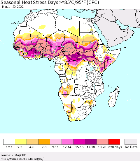 Africa Seasonal Heat Stress Days >=35°C/95°F (CPC) Thematic Map For 3/1/2022 - 3/20/2022