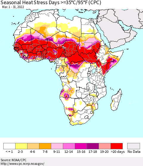 Africa Seasonal Heat Stress Days >=35°C/95°F (CPC) Thematic Map For 3/1/2022 - 3/31/2022