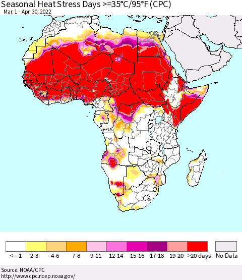 Africa Seasonal Heat Stress Days >=35°C/95°F (CPC) Thematic Map For 3/1/2022 - 4/30/2022