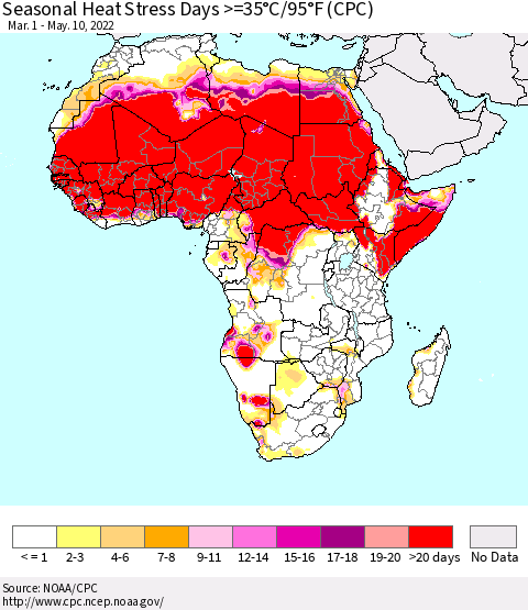 Africa Seasonal Heat Stress Days >=35°C/95°F (CPC) Thematic Map For 3/1/2022 - 5/10/2022